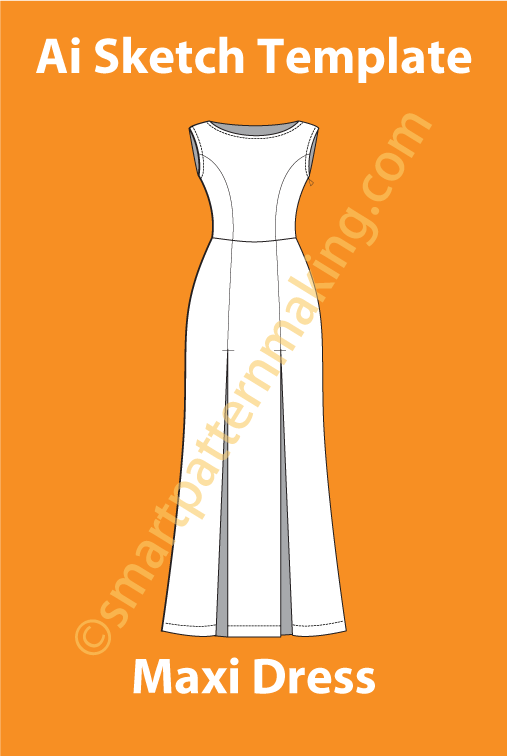 Maxi Dress For Women/ Illustrator Flat Sketch Template/ Front And Back View Available - smart pattern making