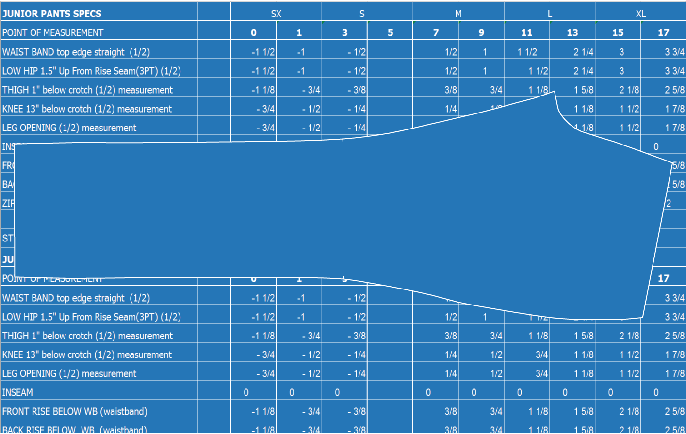 Juniors Pants And Shorts Grade Sheet Template