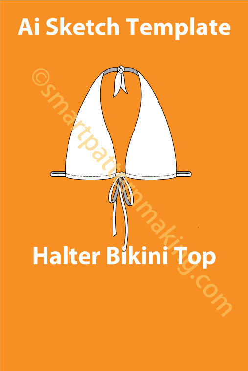 Halter Bikini Top/ Illustrator Flat Sketch Template/ Front And Back View Available - smart pattern making