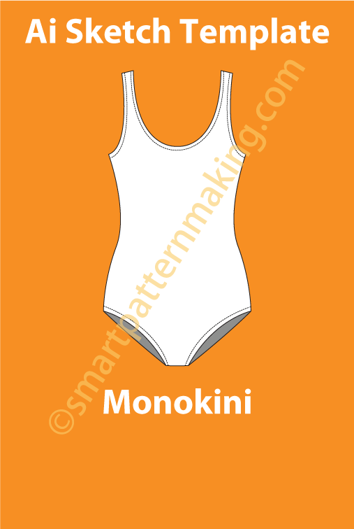 Monokini,/ Push Up One Piece Swimsuit, /Illustrator Flat Sketch Template/ Front And Back View Available - smart pattern making