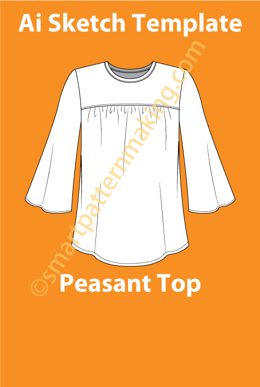 Peasant Top, Fashion Sketch, Technical Drawing, Peasant Boho Style, Vector, Download Illustrator, Front & Back View, Template - smart pattern making
