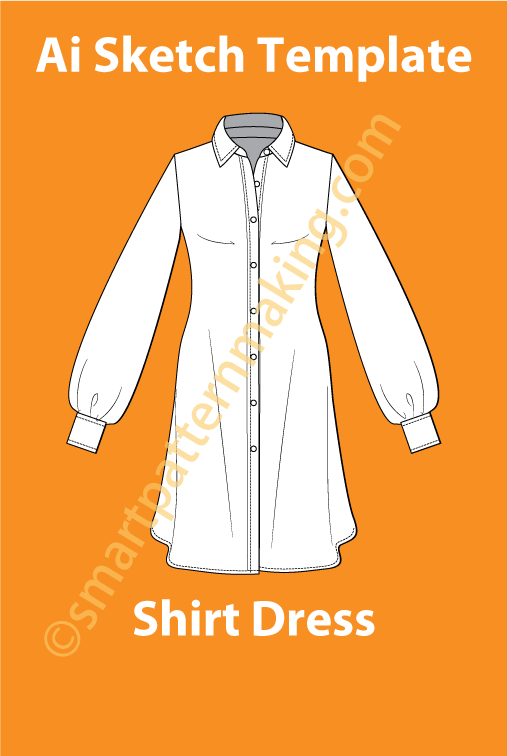 Shirt Dress For Women/ Illustrator Flat Sketch Template/ Front And Back View Available - smart pattern making