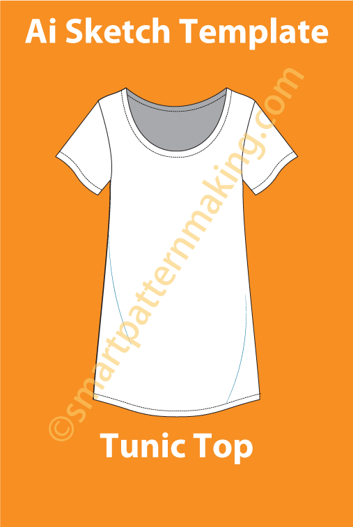 Tunic Top, Fashion Sketch, Technical Drawing, Tunic Top Short Sleeve , Vector, Download Illustrator, Front & Back View, Template - smart pattern making