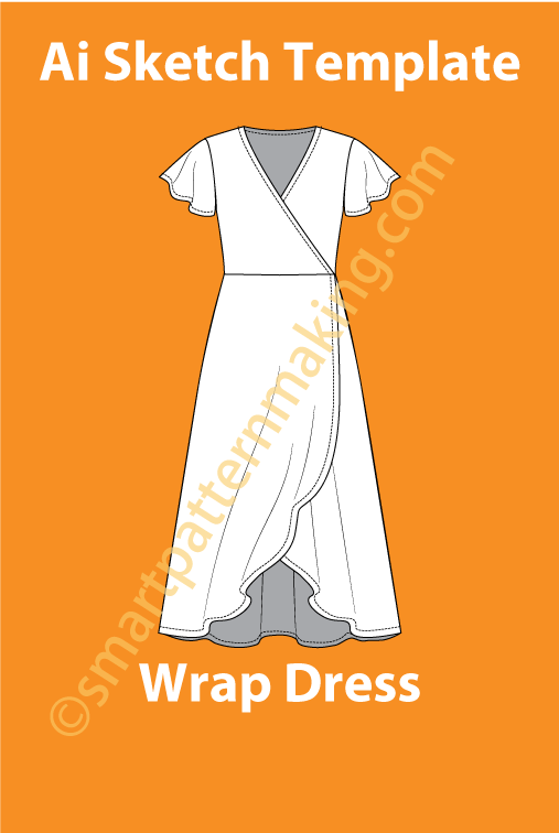 Wrap Dress Women/ Illustrator Flat Sketch Template/ Front And Back View Available - smart pattern making