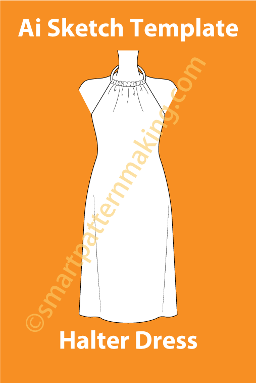 Halter Dress/ Illustrator Flat Sketch Template/ Front And Back View Available - smart pattern making